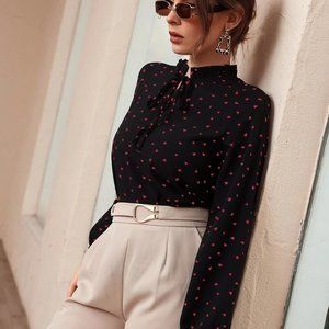 New Heart Print Frill Tie Neck Blouse Black